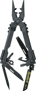 Gerber DET Tool multifunction tactical pliers with black coated blades and gray handles, displayed with sheath.