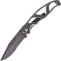 Gerber Paraframe I black coated serrated blade with gray and black handle displayed at angle.