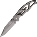 Gerber Paraframe I fixed blade knife with satin finish blade and gray handle at angle.