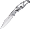 Gerber Paraframe II folding knife with satin blade and gray aluminum handle, displayed open.
