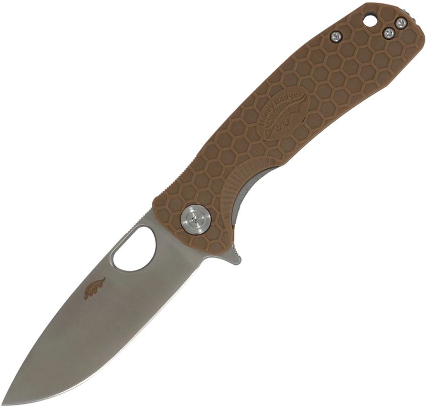 HB1010: Honey Badger Large linerlock, tan textured nylon handle, 3.63" satin D2 drop point blade