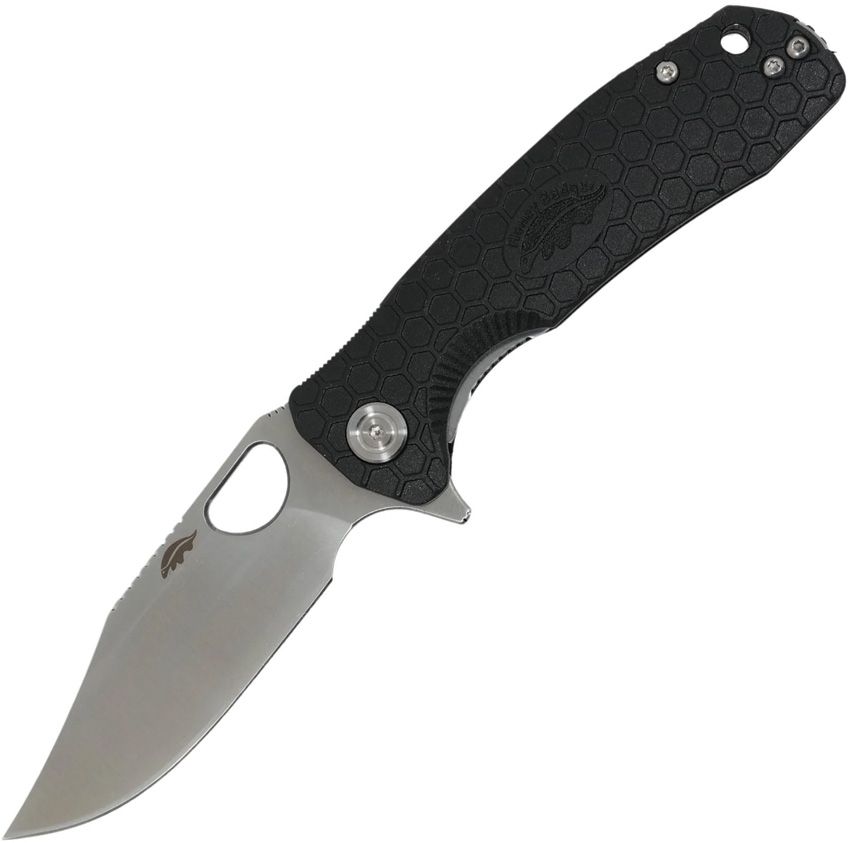 HB4087: Honey Badger Medium linerlock, black textured GFN handle, 3.13" satin 14C28N clip point blade