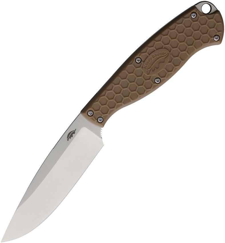 Honey Badger Knives Outfitter fixed blade knife with satin 8Cr13MoV blade and tan textured GFN handle (HB5305)