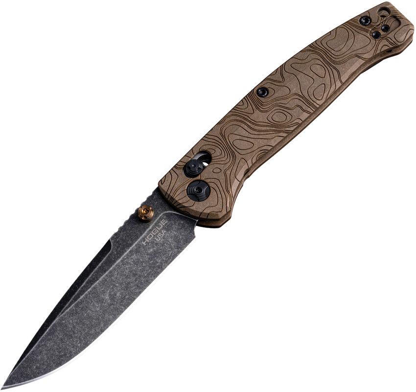 Hogue Mysto ABLE Lock Brown with stonewashed blade and patterned brown handle, displayed at angle.