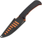 Hogue Extrak XL fixed blade knife with black coated blade, orange and black handle, and black sheath with orange accents.