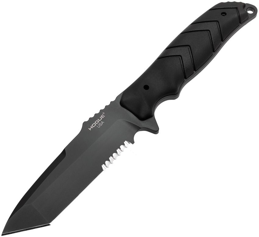 HO55349: Hogue Fray fixed blade, black rubber handle, 4.25" black Cerakote partially serrated 154CM tanto blade
