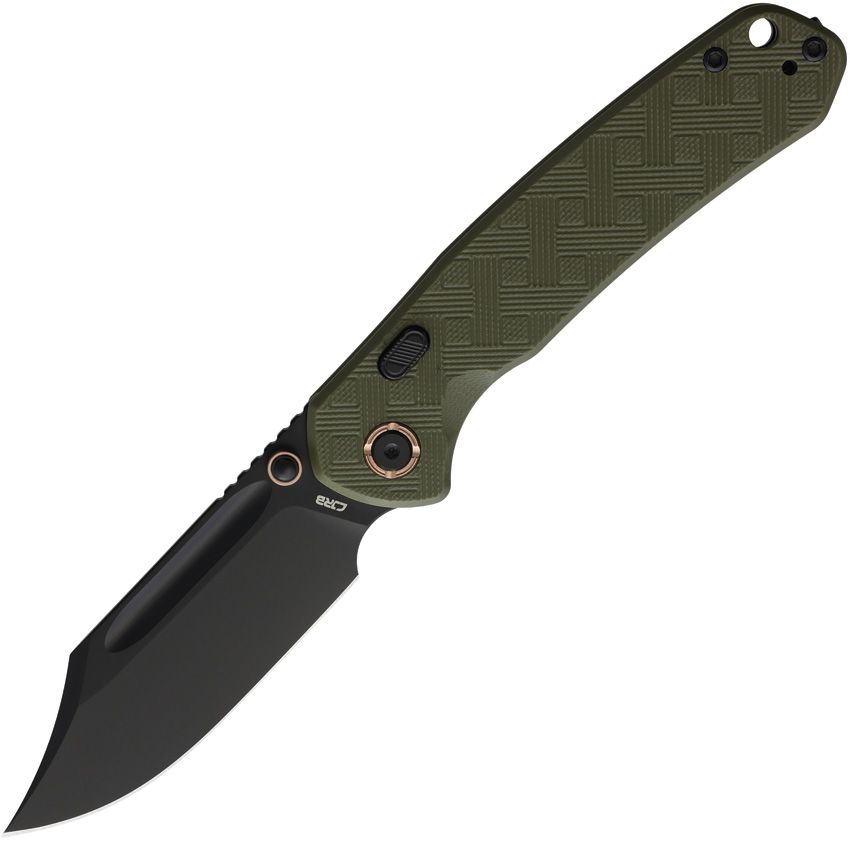 CJRB Bowie Pyrite Top linerlock folding knife with black PVD AR-RPM9 clip point blade and OD green G10 handle (J1942XBGN)