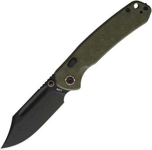 CJRB Bowie Pyrite Top linerlock folding knife with black PVD AR-RPM9 clip point blade and OD green G10 handle (J1942XBGN)