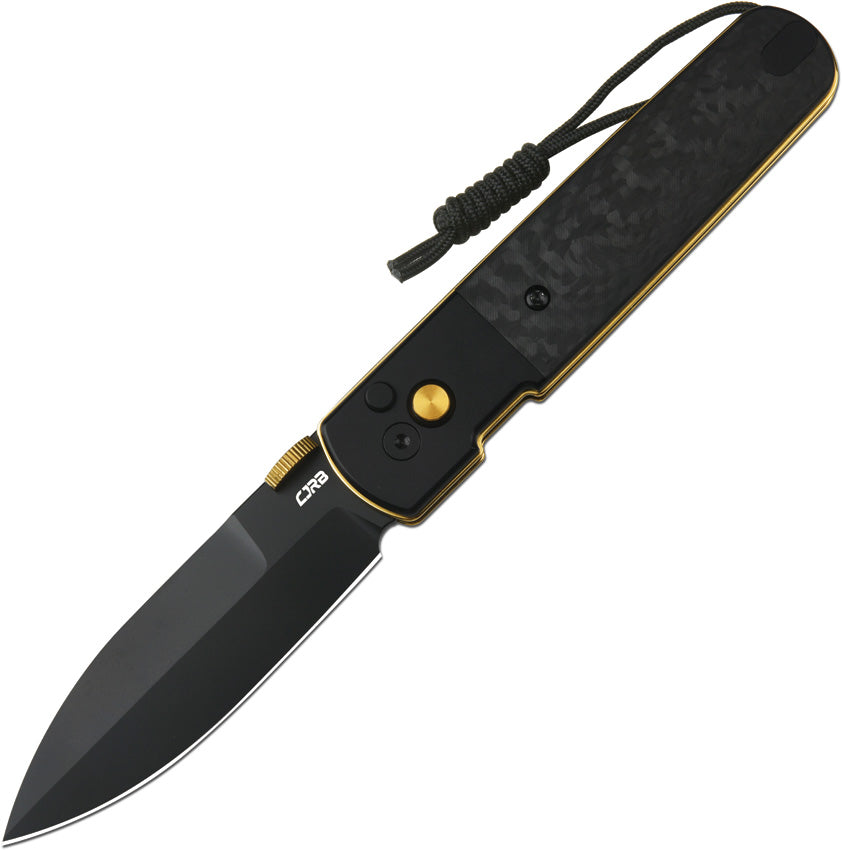 J1951GBCF1: CJRB Perfect Locust button lock, carbon fiber handle with titanium bolsters, 3.13" black DLC S90V spear point blade