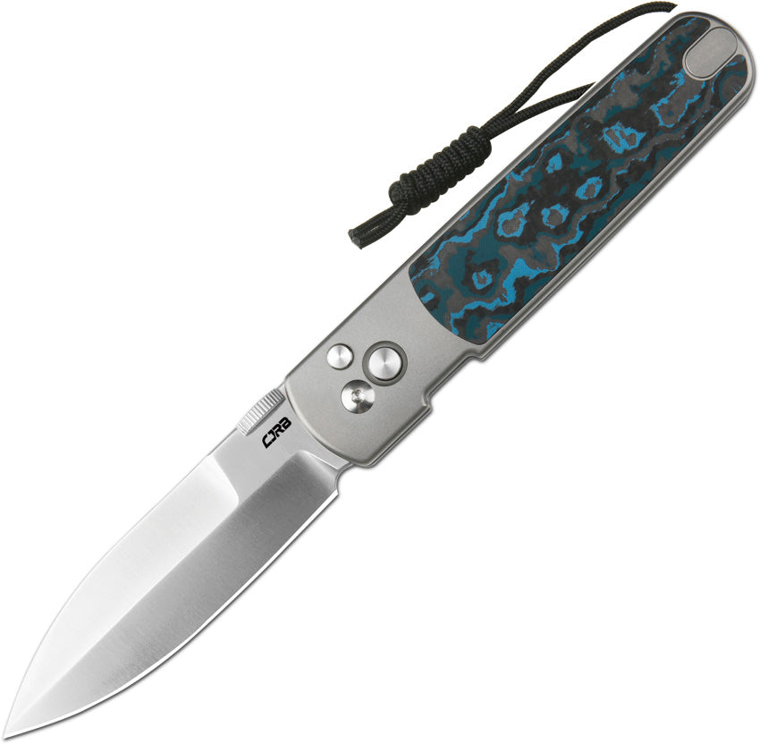 J1951GFCG1: CJRB Perfect Locust button lock, Arctic Storm carbon fiber handle with titanium bolsters, 3.13" polished S90V spear point blade