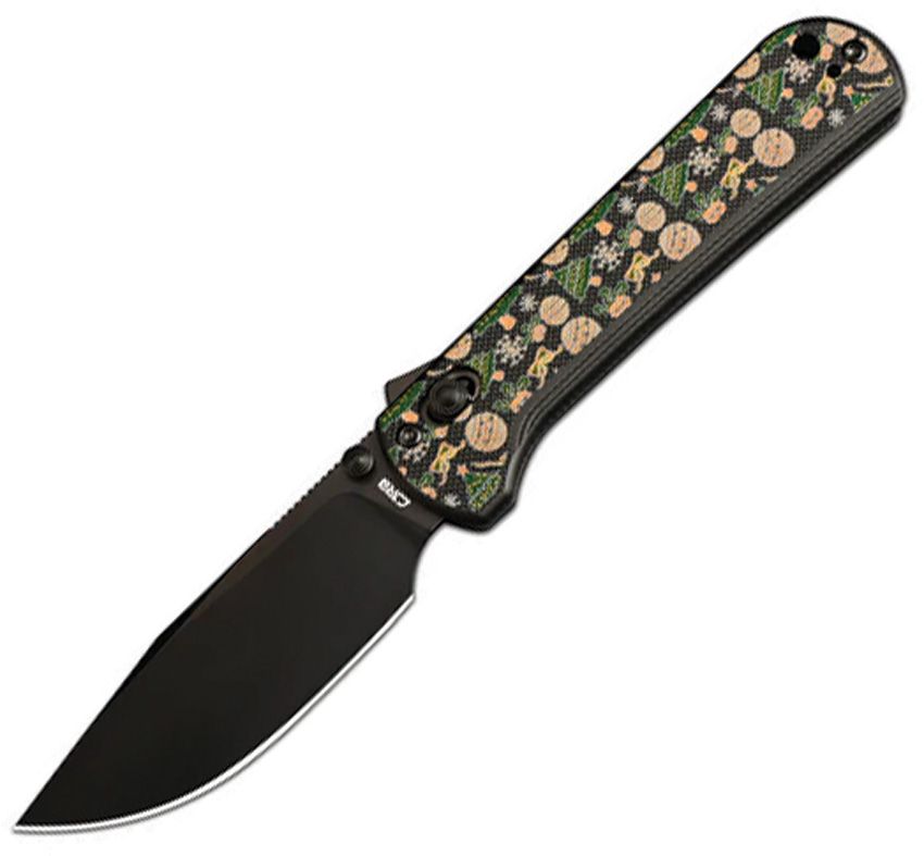 J1960MBBK: CJRB Bolt Recoil Lock, black G10 handle with Christmas ornament artwork, 3.25" black PVD AR-RPM9 drop point blade