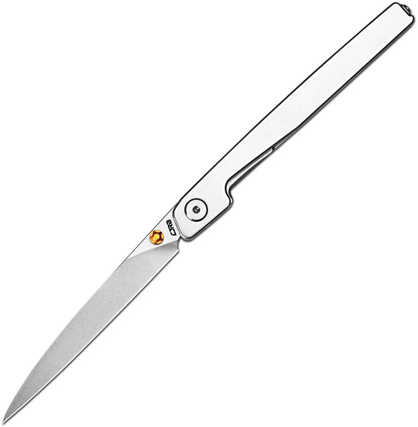 J1965GST: CJRB Lanky linerlock, stonewash steel handle with gold accents, 3.5" stonewash CPM S90V Wharncliffe blade