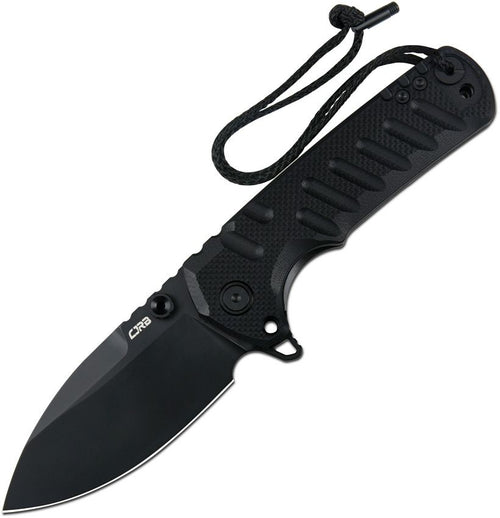 J1966BBK: CJRB Tundra linerlock knife, open, with black G10 handle and black PVD coated D2 drop point blade