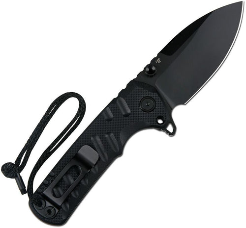 J1966BBK: CJRB Tundra linerlock knife, open, with black G10 handle and black PVD coated D2 drop point blade, other side