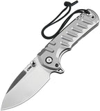 J1966GGY: CJRB Tundra linerlock knife, open, with gray titanium handle and stonewash S35VN drop point blade