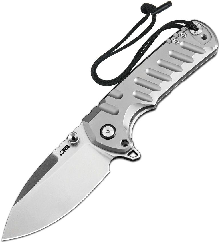J1966GGY: CJRB Tundra linerlock knife, open, with gray titanium handle and stonewash S35VN drop point blade