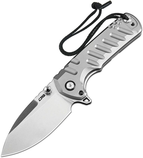 J1966GGY: CJRB Tundra linerlock knife, open, with gray titanium handle and stonewash S35VN drop point blade