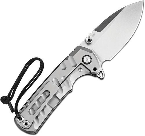 J1966GGY: CJRB Tundra linerlock knife, open, with gray titanium handle and stonewash S35VN drop point blade, other side