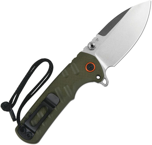 J1966GN: CJRB Tundra linerlock knife, open, with green G10 handle and stonewash D2 drop point blade, other side