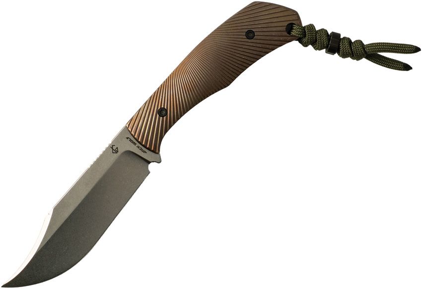 Jack Wolf Bordertown Bowie fixed blade knife with stonewash CPM S90V blade and bronze Starburst titanium handle (JW44076)