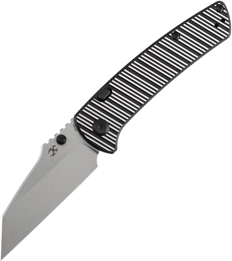 K1015H4: Kansept Main Street Top linerlock, black and satin aluminum handle, 3.38" stonewash Elmax Wharncliffe blade