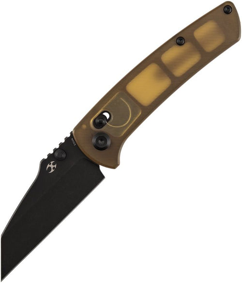 K1015V4: Kansept Main Street crossbar lock, amber PEI handle, 3.5" BlackWash S35VN Wharncliffe blade