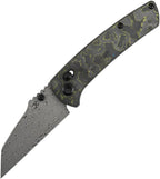 K1015V5: Kansept Main Street crossbar lock, Gecko camo carbon fiber handle, 3.5" Damascus Wharncliffe blade