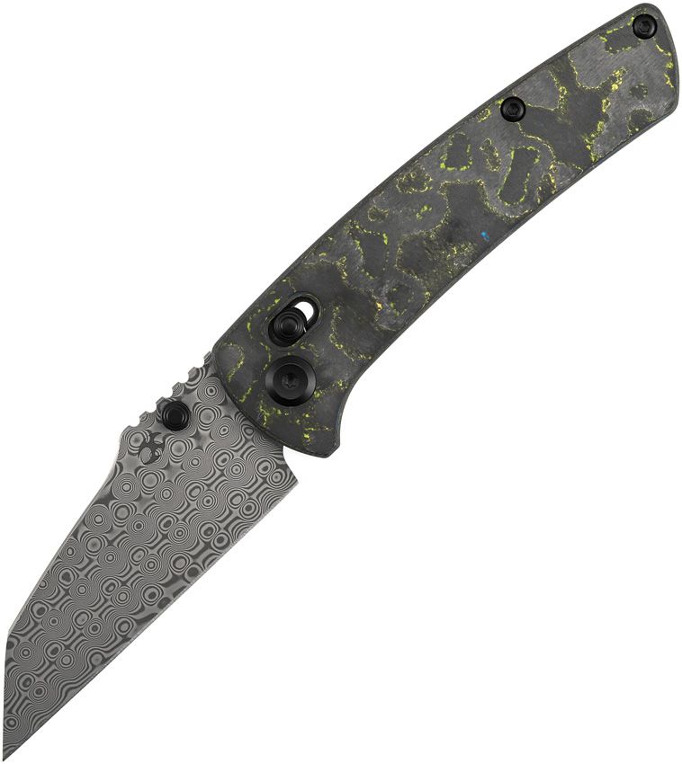 K1015V5: Kansept Main Street crossbar lock, Gecko camo carbon fiber handle, 3.5" Damascus Wharncliffe blade