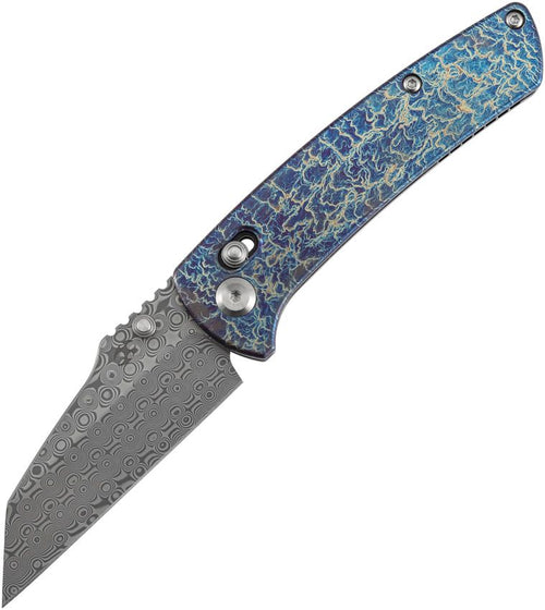 K1015V6: Kansept Main Street crossbar lock, Lightning Strike anodized titanium handle, 3.5" Damascus Wharncliffe blade