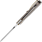 Kansept Reedus framelock knife with satin blade and bronze handle, displayed at an angle.