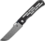 Kansept Reedus Framelock Blue Damascus blade with black anodized aluminum handle, angled view.
