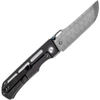 Kansept Reedus Framelock blue handle with damasteel patterned blade, displayed open at angle.