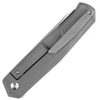 Kansept Integra Framelock titanium folding knife with satin blade, angled view.