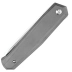 Kansept Integra Framelock gray titanium handle with satin blade, angled view.