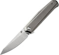 Kansept Integra Framelock Bronze with satin blade and gray titanium handle, angled view.