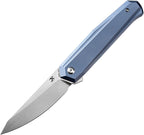 Kansept Integra Framelock blue handle with satin finish blade, angled view.