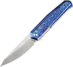 Kansept Integra Framelock with satin blade and blue Timascus handle, angled view.