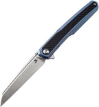 Kansept Arcus Framelock blue handle with satin finish stainless steel blade, angled view.