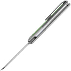 Kansept Arcus Framelock Green with satin blade and gray handle, angled view.
