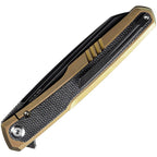 Kansept Arcus gold framelock knife with stonewashed blade and black textured handle, angled view.