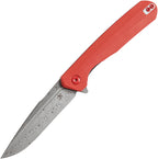 Kansept Qilin Linerlock red handle with damascus patterned blade, angled view.
