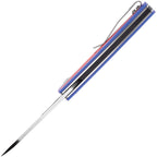 Kansept Mato Linerlock red and blue handle with satin blade displayed at angle.