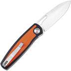 Kansept Mato Linerlock folding knife with satin blade and orange/black handle, displayed open.