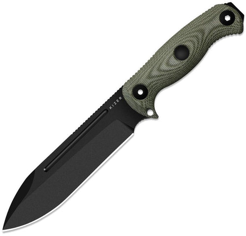 Kizer Cutlery Drop Bear Fix 7 HexShox fixed blade knife with black PVD AEB-L blade and olive micarta handle (KI1103HSD2)