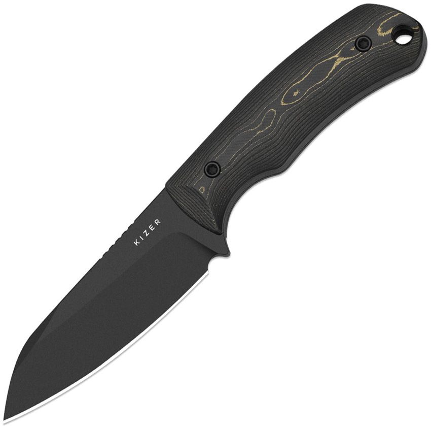 KI1135A1: Kizer Field Mouse fixed blade, Camo Gold carbon fiber handle, 2.75" black coated CPM-3V sheepsfoot blade