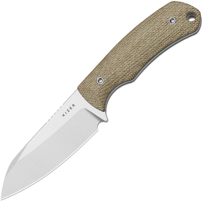 KI1135A4: Kizer Field Mouse fixed blade, brown Norplex UltreX handle, 2.75" satin 14C28N sheepsfoot blade