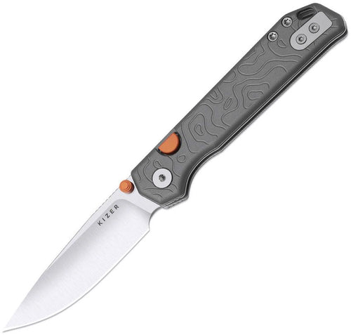 KI34582BDA1: Kizer Begleiter 2.9 button linerlock, gray aluminum handle with topographic artwork, 2.9" satin S35VN drop point blade