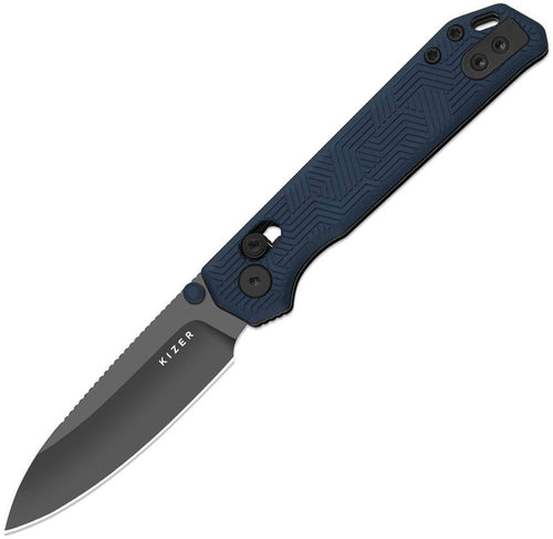 KI34582CDA1: Kizer Begleiter 2.9 button linerlock, blue aluminum handle with geometric artwork, 2.9" black DLC S35VN drop point blade