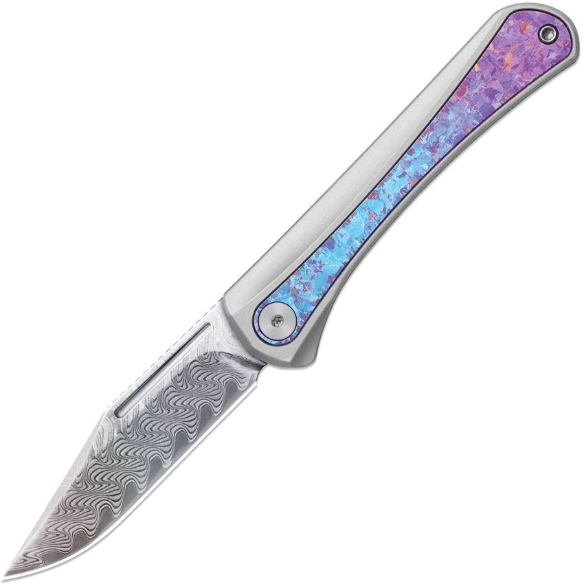 KI3732A1: Kizer Melody slip joint, gray aluminum handle with Rainbow crystalized titanium inlay, 2.83" acid washed Damascus clip point blade