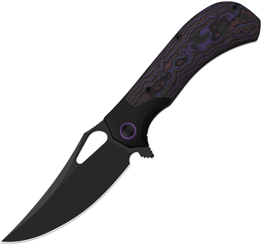 KI3734A1: Kizer Cyclone framelock, black titanium handle with Purple Haze carbon fiber inlay, 3.63" black DLC S35VN trailing point blade